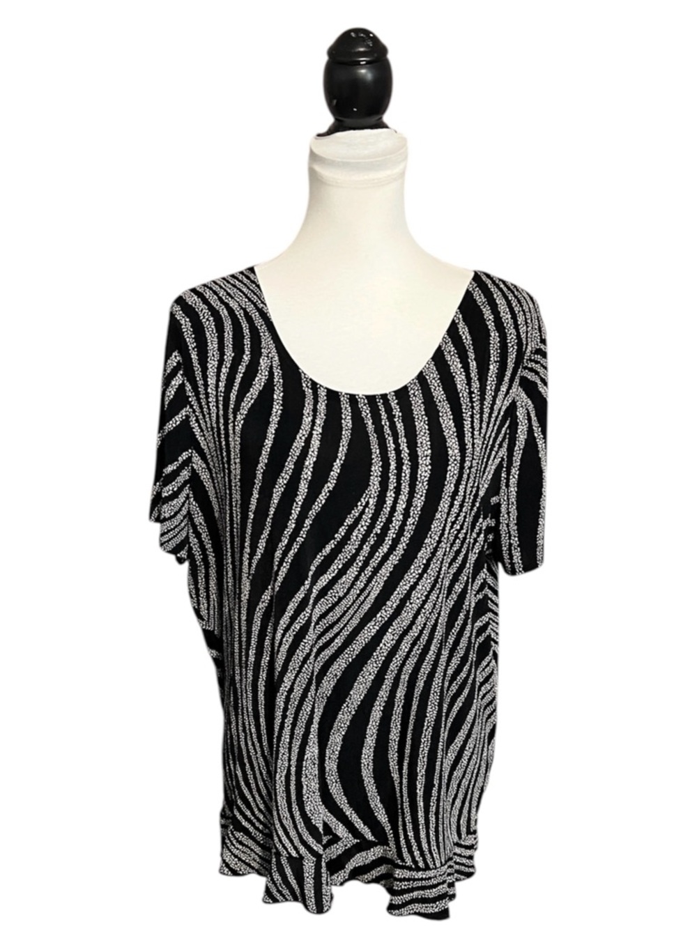 Suzie In the City Blouse Women Plus Size 3X Black & Beige Short Sleeves Slinky